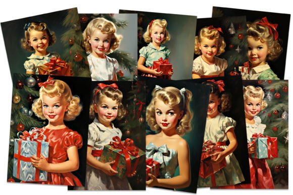 1950s Retro Cute Girls Christmas Cards: Illustrations for Blog Design