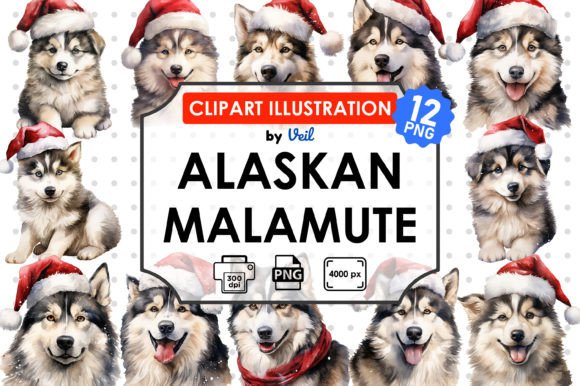 Christmas Alaskan Malamute Clipart for Illustrations and Blog Graphics