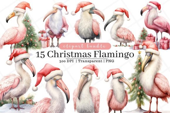 Christmas Flamingo Watercolor Clipart for Illustrations