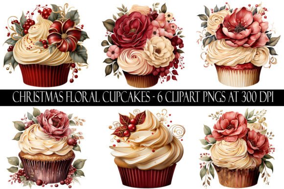 Christmas Floral Cupcake Clipart: Illustrations for Seasonal Branding