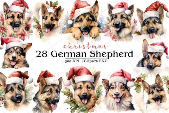 Christmas German Shepherd Dog Watercolor for Modern Illustrations