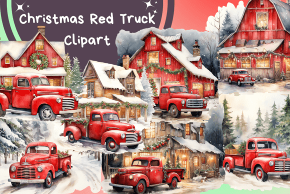 Christmas Red Truck Sublimation Clipart in Illustrations