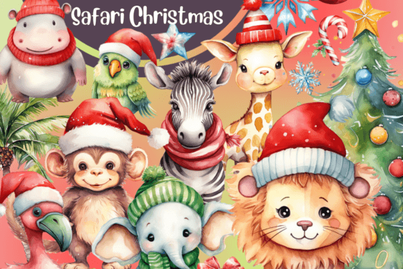 Christmas Safari Animals Clipart Illustrations