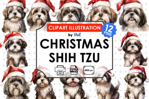 Christmas Shih Tzu Clipart Sublimation Illustrations