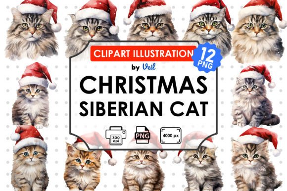 Christmas Siberian Cat Clipart Bundle for Illustrations
