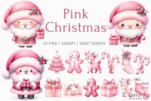 Cute Pink Christmas Watercolor Clipart for Illustrations