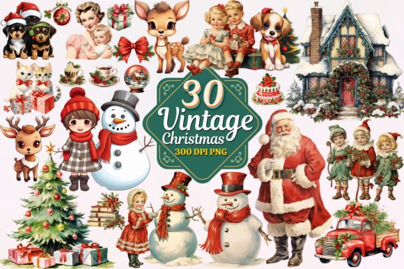 Vintage Christmas Watercolor Clipart PNG Bundle for Illustrations