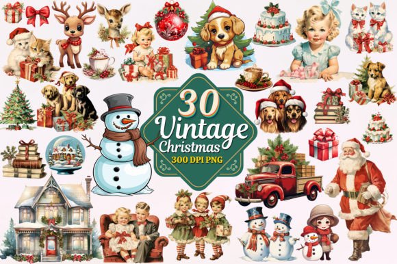 Vintage Christmas Watercolor Clipart PNG Pack
