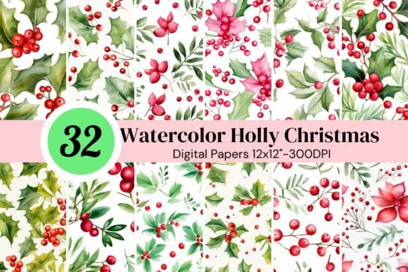 Watercolor Christmas Holly Berry Pattern