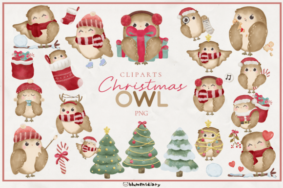 Watercolor Owl Christmas Clipart for Illustrations