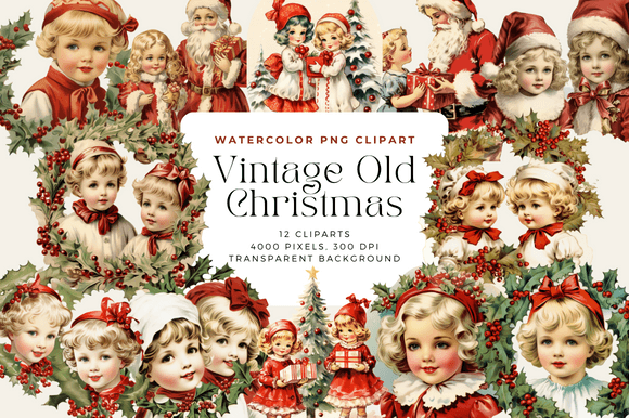 Watercolor Vintage Old Christmas Clipart for Creative Illustrations